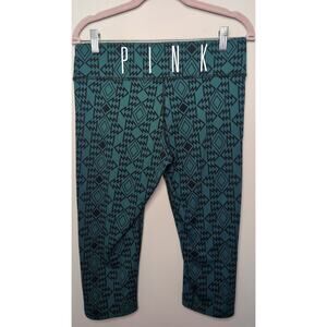 PINK Victoria Secret Patterned Capri Leggings Medium Teal Black Aztec Yoga